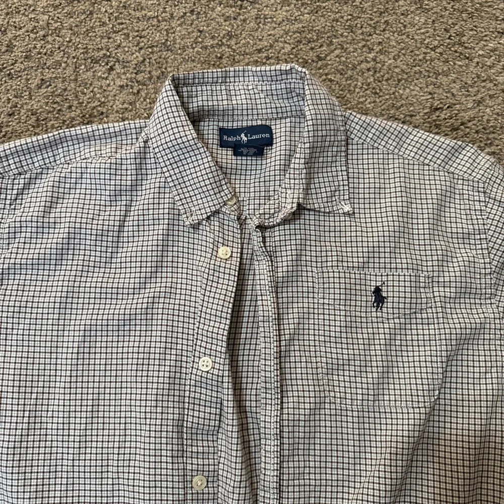 Polo Ralph Lauren Dress Shirt Boys XL 20‎ Blue Beige Plaid Blake Button Up